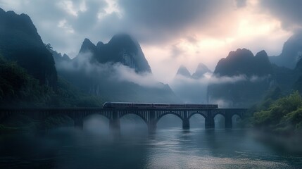 Poster - fast-moving train crossing a river bridge, the mountains in the distance partially shrouded in mist,