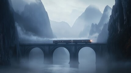 Poster - fast-moving train crossing a river bridge, the mountains in the distance partially shrouded in mist,