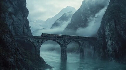 Poster - fast-moving train crossing a river bridge, the mountains in the distance partially shrouded in mist,