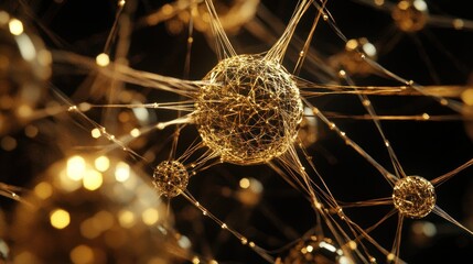 Poster - Abstract golden spheres interconnected by thin lines, resembling a network or neural connections against a dark background.