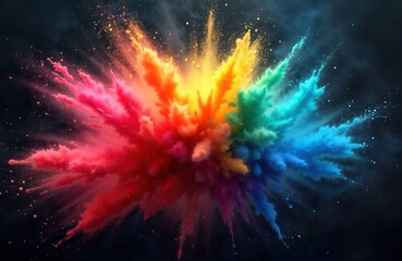 Poster - Colorful powder explosion against dark background. Vivid colors spread in dynamic burst. Rainbow hues create artistic effect. Excellent for Holi celebration abstract design projects. Modern