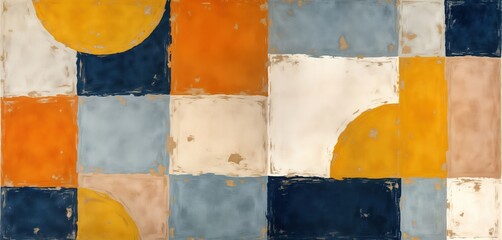 Aufkleber - Abstract geometric pattern design with rustic texture. Modern rug wall decor. Colorful squares, circles in shades of orange yellow beige, navy blue. Looks like aged material. Great for home interiors.