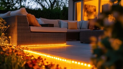 Aufkleber - Yellow-orange decorative lights create a glowing border along a patio, casting a cozy light on the furniture.