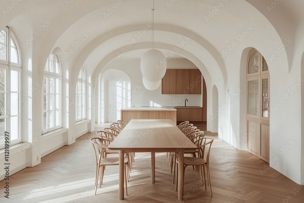 Sunlit Minimalist Dining Room with Arched Windows and Wooden Table ...
