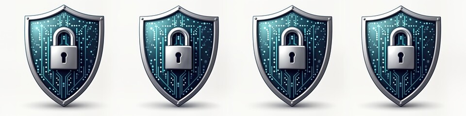Poster - Four digital security shields show protection against cyberattacks. Modern tech illustration highlights anti-virus, firewall security. Digital graphic portrays protection symbols for data security on
