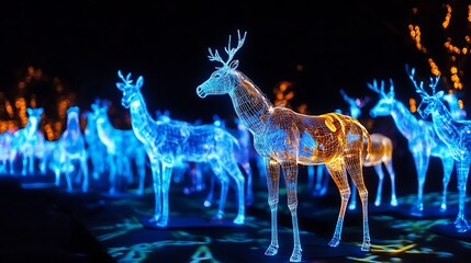 Poster - A holographic parade with colorful, glowing floats and virtual animals