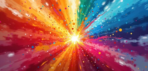 Poster - Vibrant colorful explosion radiating outwards. Bright hues swirl, splash across background. Dynamic pattern of colorful streaks, dots. Fun exciting design. Ideal for imaginative projects. Looks like