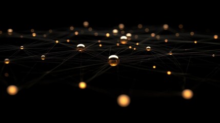 Poster - Abstract network of glowing golden spheres interconnected by thin lines on a black background.