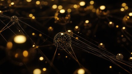 Poster - Abstract network of glowing golden spheres connected by lines on a black background.