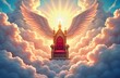 © Viktor - Heavenly throne with majestic wings floats among vibrant clouds. Divine light, serene atmosphere surround ornate gold throne. Peaceful scene suggests paradise spiritual realm. Majestic architecture,