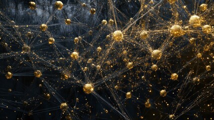 Poster - Abstract network of golden spheres and lines on dark background.