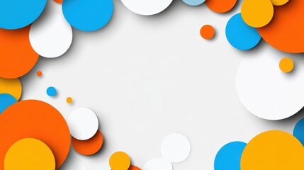 Poster - Colorful and vibrant arrangement of overlapping circles in various sizes and shades of orange, blue, white, and yellow, creating a dynamic and playful composition against a light gray background
