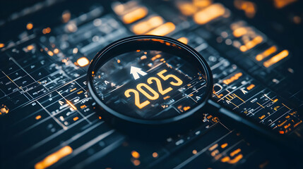 Poster - Magnifying glass focuses on 2025 with upward arrow on a futuristic digital interface.