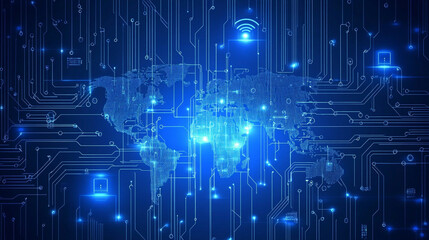 Poster - Internet connection world map with neon light effects, Internet, business, technology and network concept background with glowing effects, Advanced data visualization applied to technological design.
