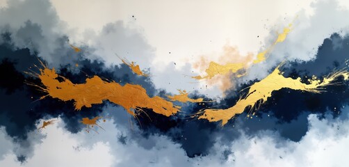 Aufkleber - Abstract painting with navy blue, gold accents. Expressive strokes create dynamic visual. Looks like stylized depiction of clouds smoke. Possible themes include industry, cityscapes natural elements.
