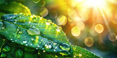 Wall Mural - water drops of transparent water on green leaf glow and sparkle on sun in nature shining yellow light bokeh