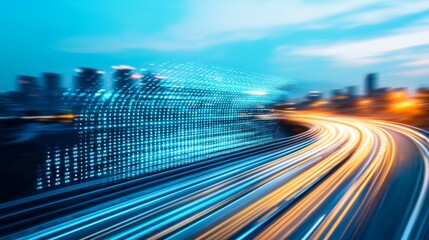 Poster - Dynamic cityscape with blurred lights and digital overlay, showcasing speed and technology.