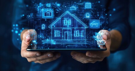 Poster - Futuristic digital house concept on tablet with glowing interface