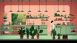 © linda - A female Asian chef in a white uniform prepares fresh vegetables in a vibrant, modern kitchen filled with plants.