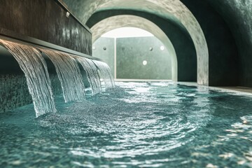 Poster - Relaxation space with flowing water in a serene indoor pool area for wellness therapy