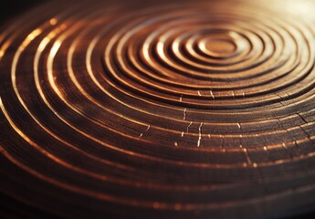 Poster - Abstract Close-Up of Smooth Circular Wood Grain with Intricate Patterns and Textures Highlighted by Soft Warm Light in a Natural Aesthetic Setting