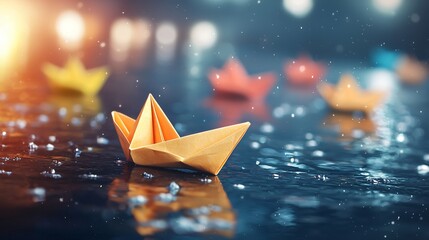Poster - Colorful paper boats drifting on a rainy surface with soft bokeh lights in the background.