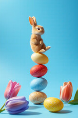 Wall Mural - balancing easter eggs, easter bunny, tulips floating isolated on blue background. sun and shadow