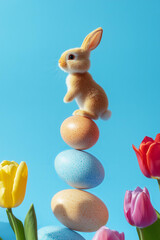 Wall Mural - balancing easter eggs, easter bunny, tulips floating isolated on blue background. sun and shadow