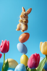 Wall Mural - balancing easter eggs, easter bunny, tulips floating isolated on blue background. sun and shadow