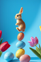Wall Mural - balancing easter eggs, easter bunny, tulips floating isolated on blue background. sun and shadow