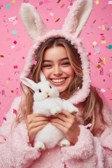 Wall Mural - beautiful woman wearing bunny costume smiling , holding an easter bunny isolated on pink background 