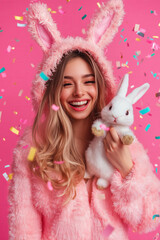 Wall Mural - beautiful woman wearing bunny costume smiling , holding an easter bunny isolated on pink background 