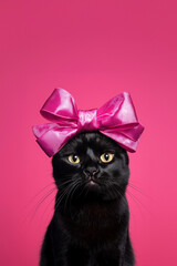 Wall Mural - black cat with a huge satin pink bow on its head, isolated on a solid background, studio shot, photo