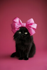 Wall Mural - black cat with a huge satin pink bow on its head, isolated on a solid background, studio shot, photo
