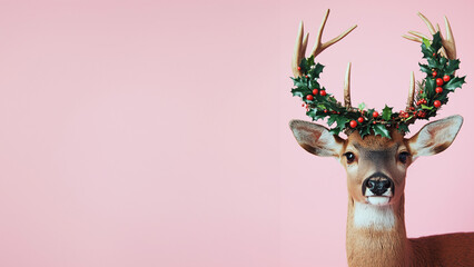 Wall Mural - Christmas deer with a holly wreath on its antlers , pink background .