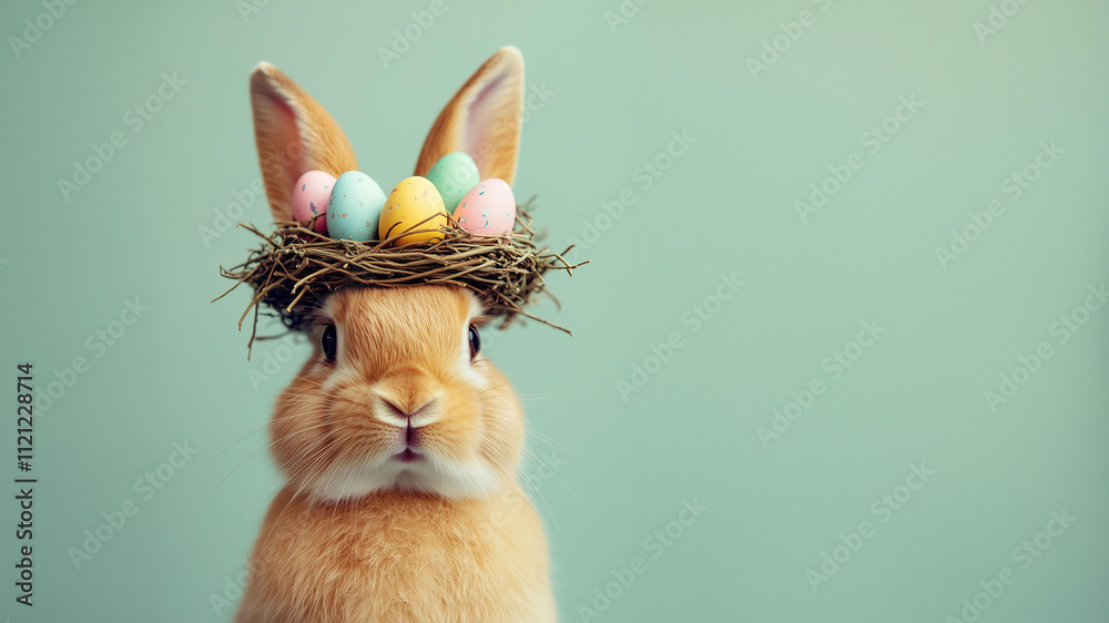 Close-up portrait of an adorable brown rabbit with a easter eggs nest wreath on its head against a pastel green background, an Easter celebration