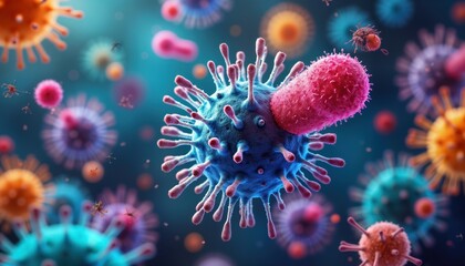 Aufkleber - Microscopic view of various bacteria. Colorful shapes, sizes visible. Bacteria interact, move. Medical illustration. High-quality image for research educational purposes. Detailed image of microbial