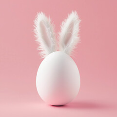 Wall Mural - minimalist easter greeting card. white egg with fluffy bunny ears isolated on solid background