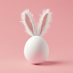 Wall Mural - minimalist easter greeting card. white egg with fluffy bunny ears isolated on solid background