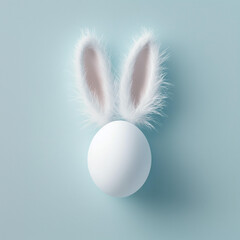 Wall Mural - minimalist easter greeting card. white egg with fluffy bunny ears isolated on solid background