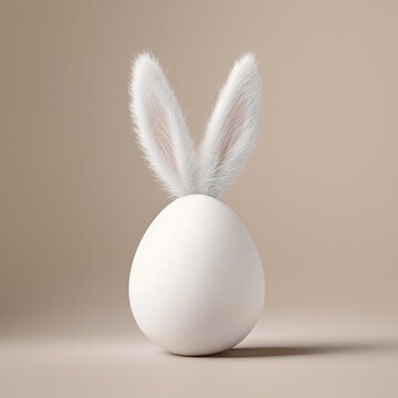 minimalist easter greeting card. white egg with fluffy bunny ears isolated on solid background