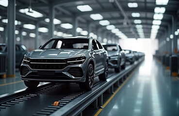Aufkleber - Modern vehicle shells move along automated assembly line in auto factory. New model cars on production line. Industrial plant background. Car manufacturing process. Automotive industry. Futuristic