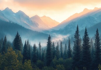  Breathtaking Mountain Landscape at Sunrise with Misty Forest and Majestic Peaks in the Background Capturing Nature's Serene Beauty in Vibrant Colors