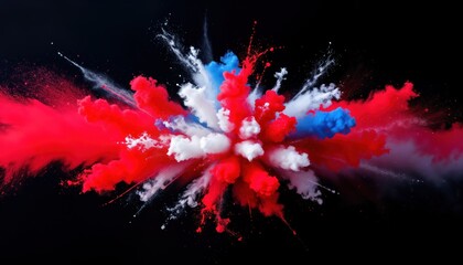 Aufkleber - Colorful explosion of red white, blue pigments on black background. Dynamic display of patriotic colors. Abstract artistic design. Perfect for Independence Day, Memorial Day celebrations Labor Day