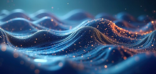Poster - Dynamic digital blue wave pattern. Liquid digital blue wave molecules intertwine in mesmerizing display. Abstract, futuristic illustration. Three-dimensional texture resembles flowing water dynamic