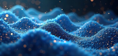 Poster - Abstract digital wave design. Blue liquid molecules intertwine in dynamic pattern. Glittering particles highlight intricate shapes in mesmerizing display. Futuristic design creates abstract visual