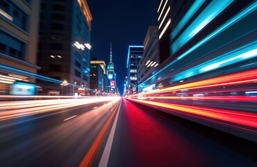 Poster - Dynamic urban scene at night. Fast moving vehicles create vibrant light streaks. Cityscapes illuminated by neon glow, bright lights. Modern urban design, city life concept. Fast movement of traffic,