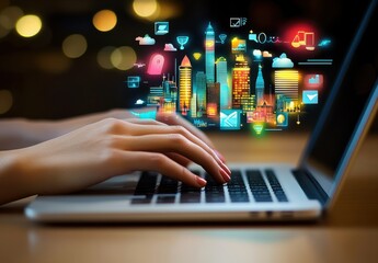 Aufkleber - Hands Typing on Laptop with Colorful Digital Cityscape and Icons Representing Technology, Communication, and Innovation in a Modern Workspace Setting