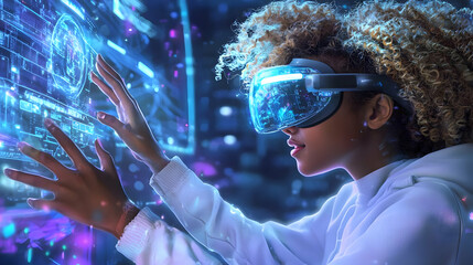 Poster - Woman with curly hair using VR headset, interacting with a futuristic holographic interface.