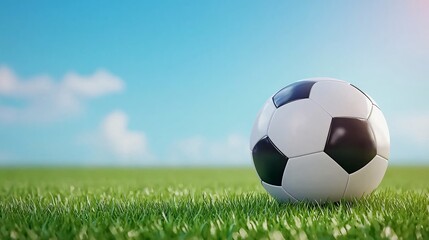 A soccer ball rests on vibrant green grass under a clear blue sky.